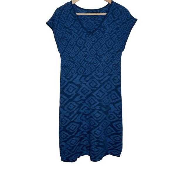 Gudrun Sjoden Womens Cap Sleeve Knit Midi Dress Small Blue Geometric V Neck